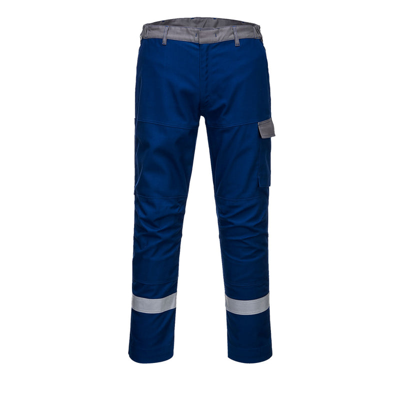 Portwest Bizflame Industry Two Tone Trousers FR06 in royal blue and sky blue, front view