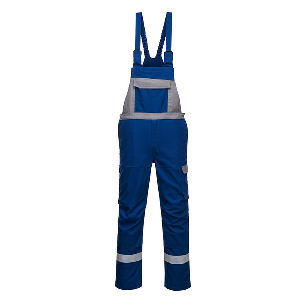 Portwest Bizflame Industry Two-Tone Bib and Brace (FR07) in a professional royal blue and black.