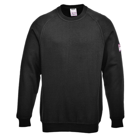 Black flame-resistant anti-static long-sleeve sweatshirt ideal for hazardous environments.