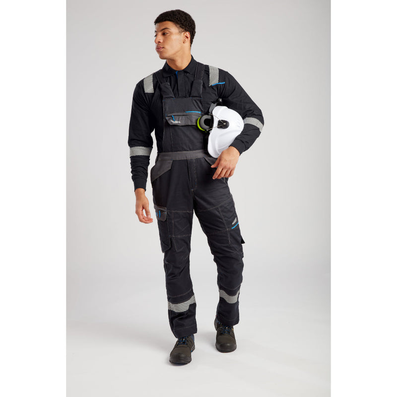 Close-up of black safety boot with reinforced heel, ESD logo, and sturdy outsole.