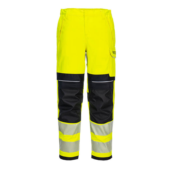 Portwest PW3 FR409 Hi-Vis Women's Work Trousers in yellow and navy, front view