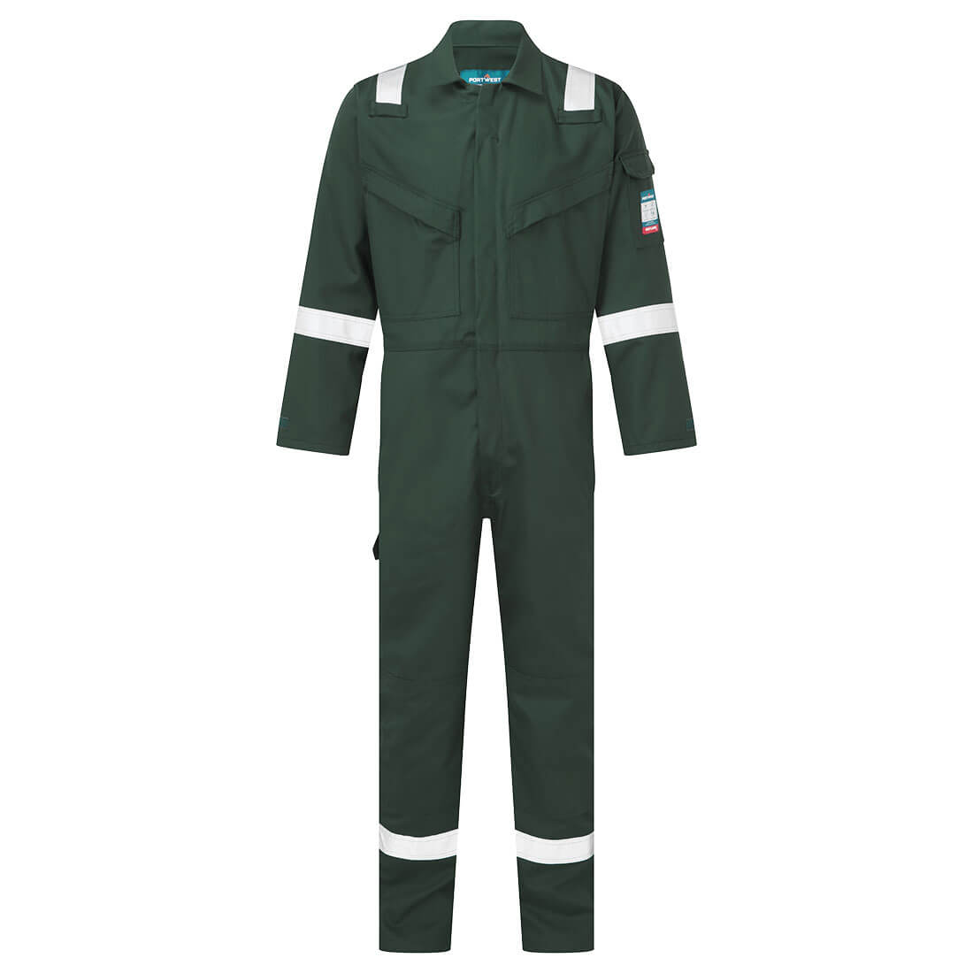 Portwest green flame-resistant coverall with reflective accents