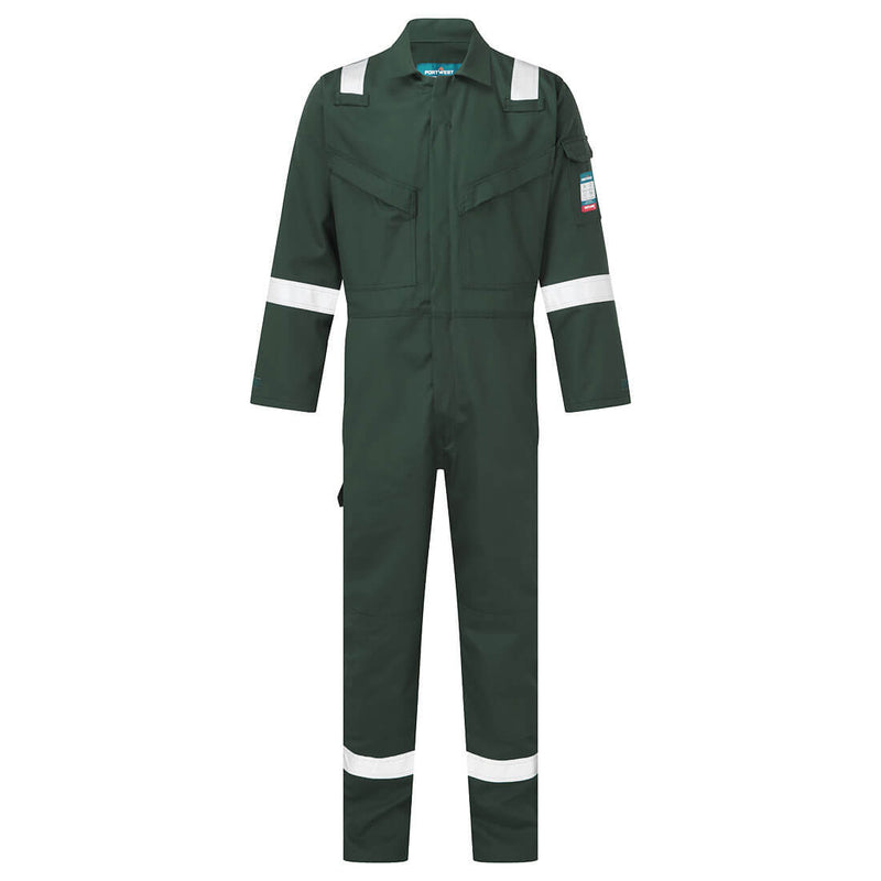 Portwest green flame-resistant coverall with reflective accents