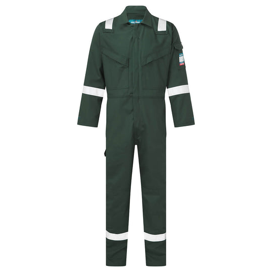 Portwest green flame-resistant coverall with reflective accents