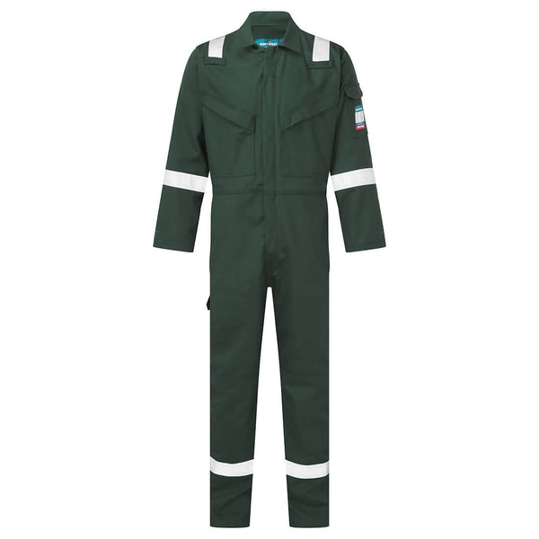 Portwest green flame-resistant coverall with reflective accents