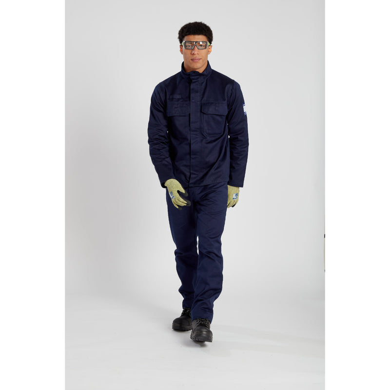 Worker in flame-resistant clothing, with eye safety provided by the Portwest Tech Look Plus Spectacles (PS11).