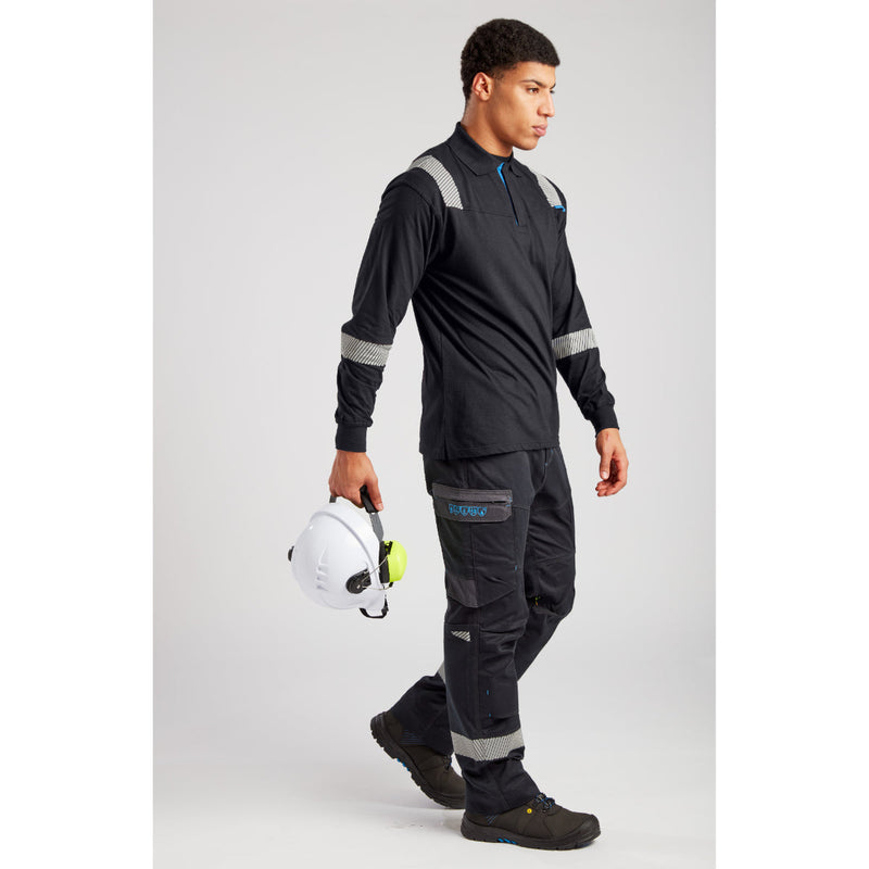 Back view of a model wearing Portwest FR jacket and trousers.