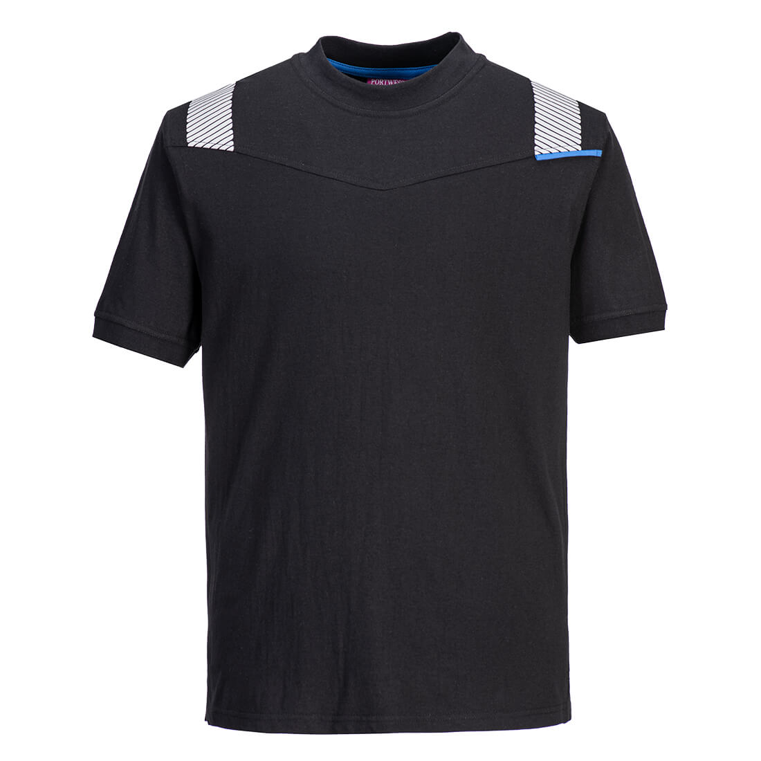 Black athletic short-sleeve T-shirt with contrasting shoulder panels featuring white and gray stripes for sports and workouts
