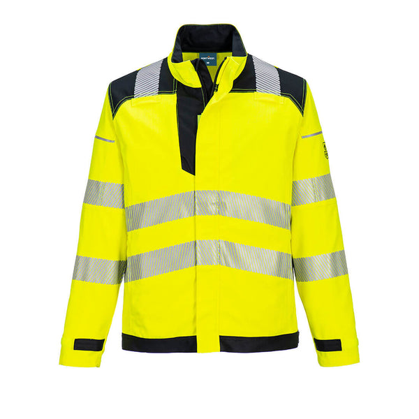 Yellow safety workwear jacket with reflective strips and black trim designed