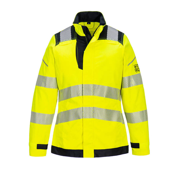 High-visibility yellow safety jacket with reflective silver stripes, black collar and weather-resistant fabric for construction