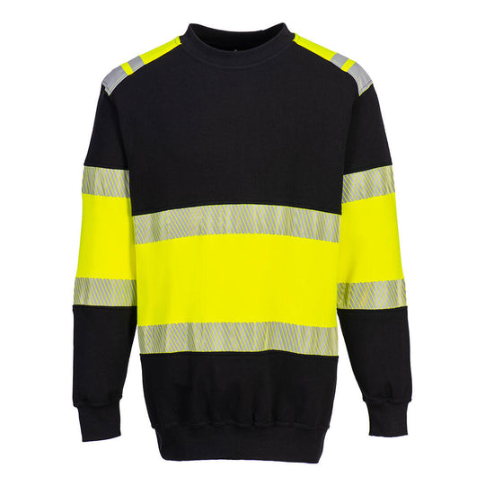 Yellow safety jacket with black accents and reflective elements for construction environments