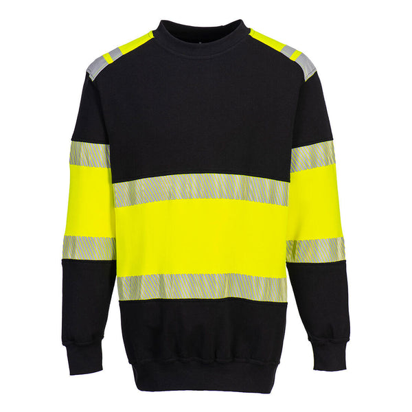 Yellow safety jacket with black accents and reflective elements for construction environments