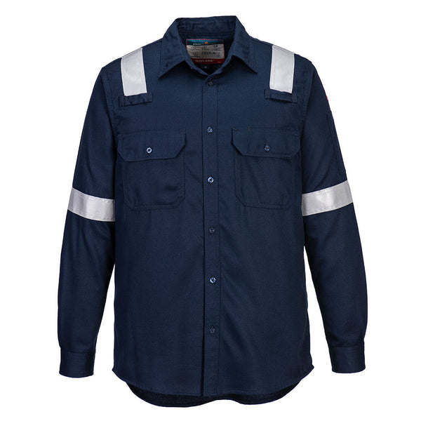 Navy blue work jacket with reinforced design and functional pockets for industrial and construction settings