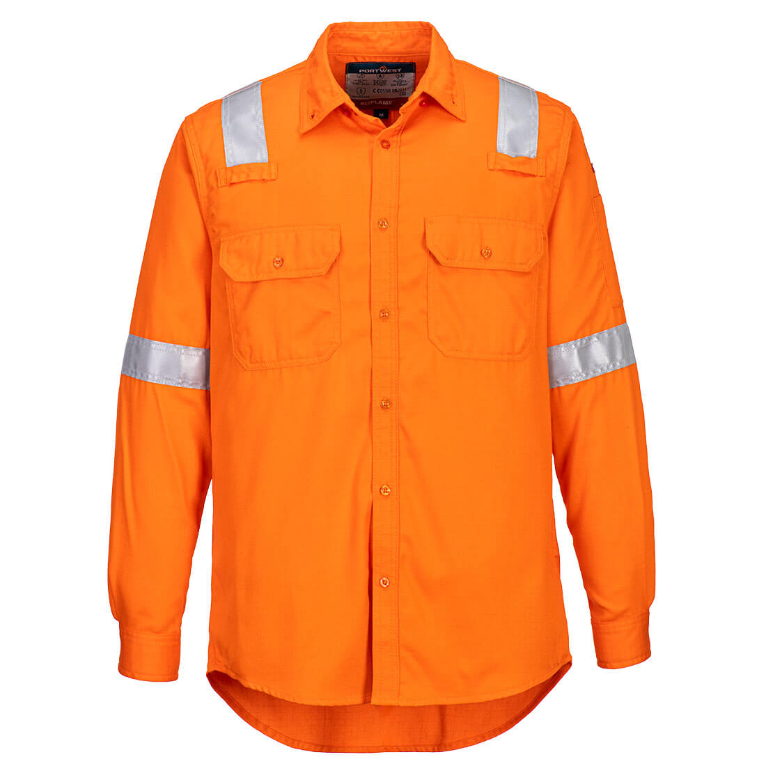 Orange work jacket with reflective elements designed for safety in construction environments
