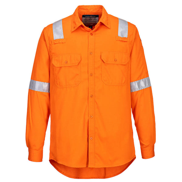 Orange work jacket with reflective elements designed for safety in construction environments