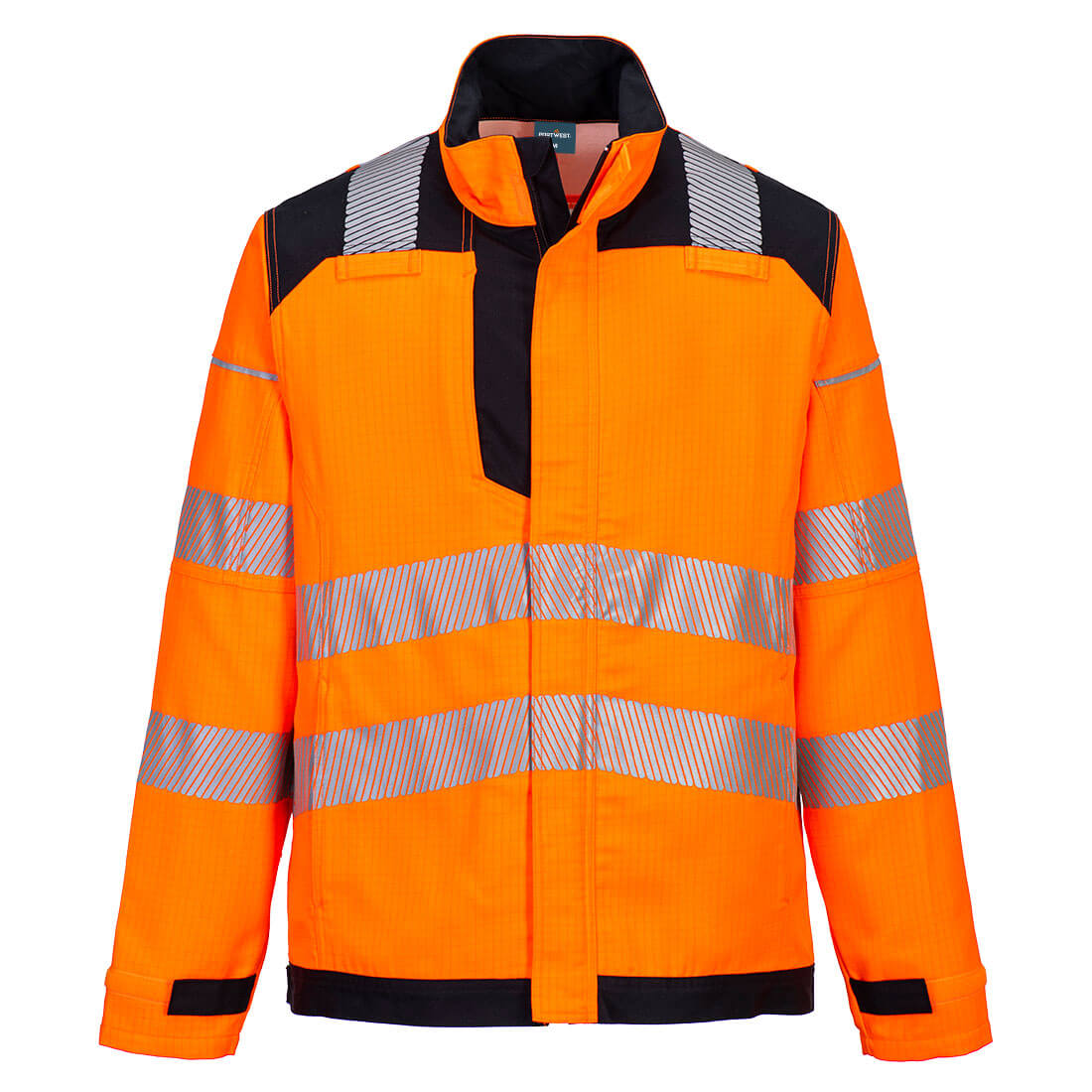 Orange-black two-tone work jacket with reflective elements and durable design