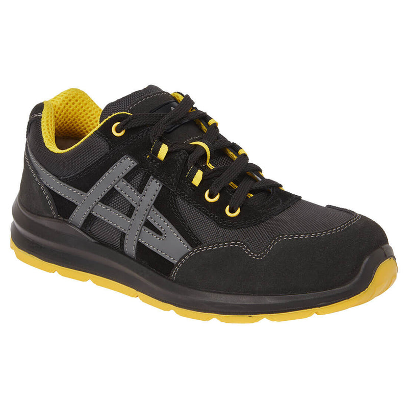 Black safety trainer with red accents and breathable upper mesh