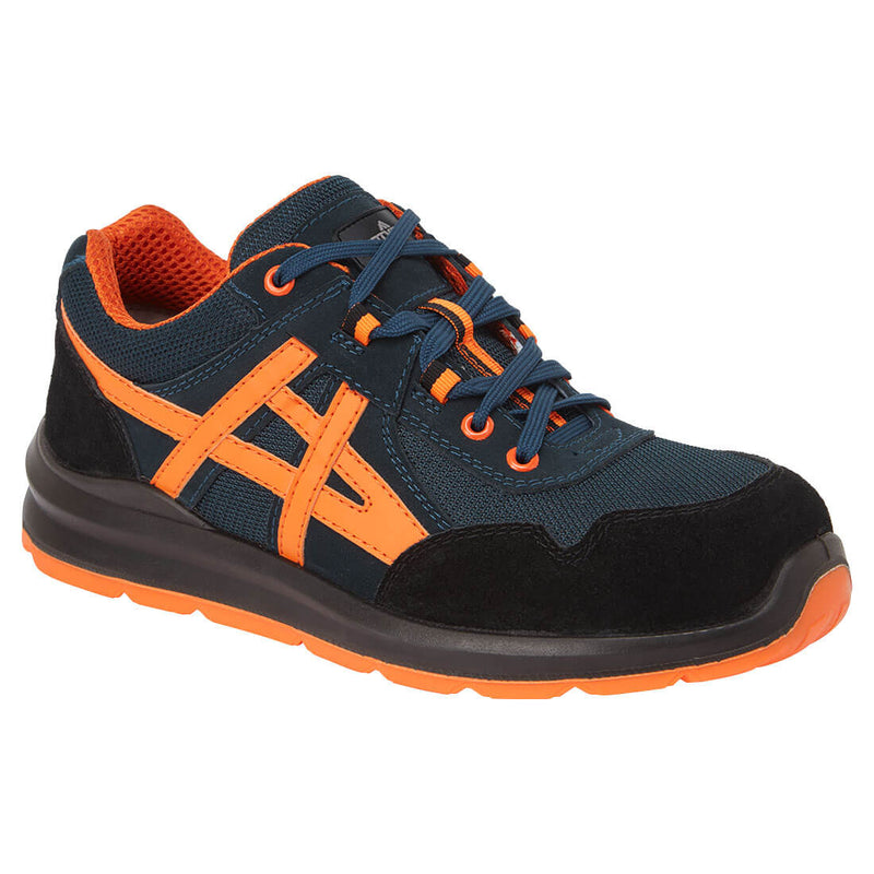 Blue safety trainer with white sole and reinforced toe cap