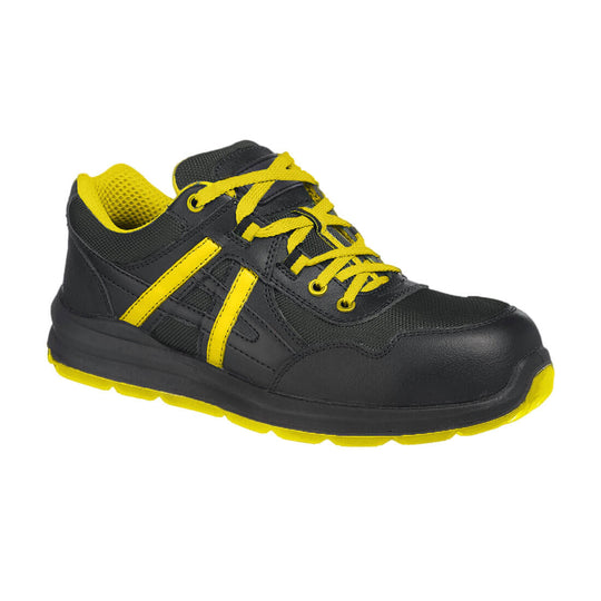 Black and yellow safety trainer with cushioned sole and mesh upper