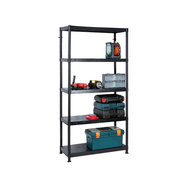 Assembled Barton 5-tier plastic shelving unit in black, ideal for garage or workshop storage.