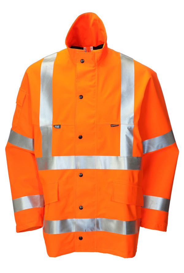 B-Seen Gore-Tex foul weather jacket in high-visibility orange.