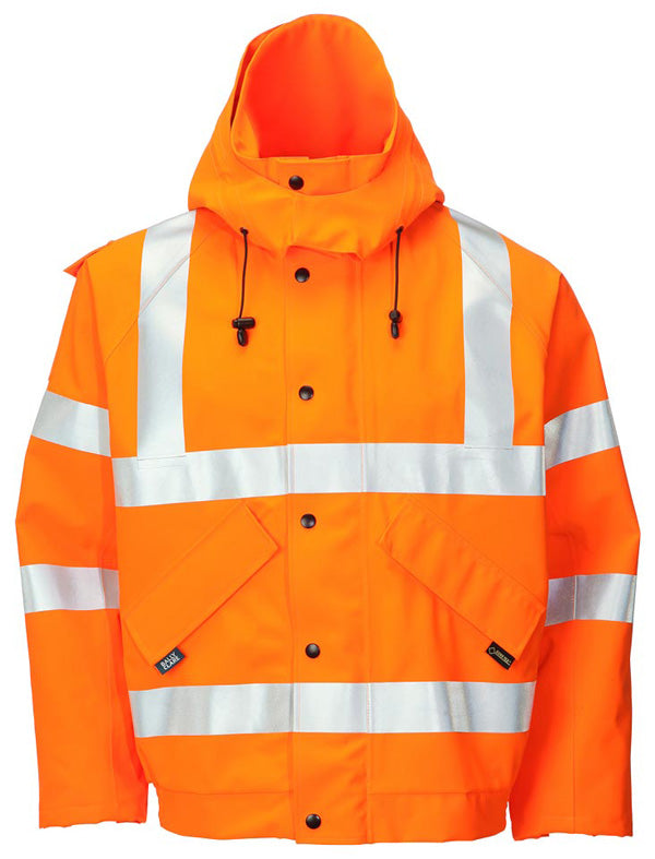 B-Seen Gore-Tex high-visibility orange foul weather bomber jacket.