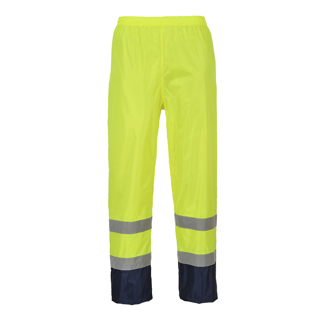 Yellow and navy hi-vis rain trousers featuring reflective stripes and waterproof fabric.