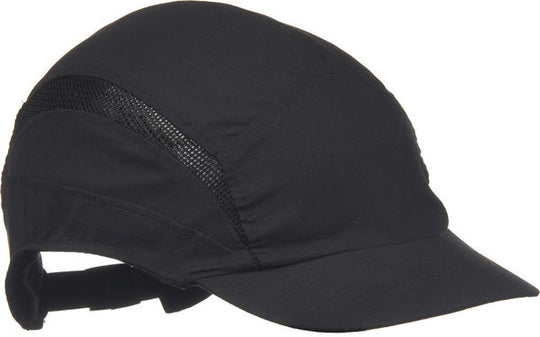 Front view of the black 3M First Base 3 bump cap featuring a reduced 55mm peak and side ventilation.
