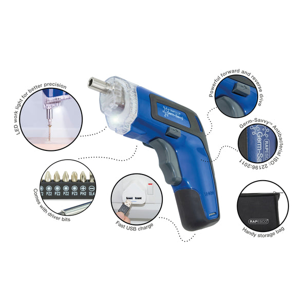Rapesco Germ-savvy Antibacterial Cordless Screwdriver 3.6v Blue 1640