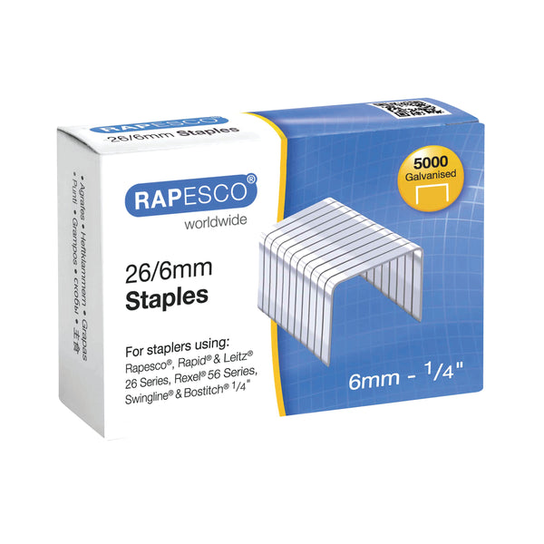 Rapesco 26/6mm Staples Galvanised Chisel Point – (Pack of 5000)