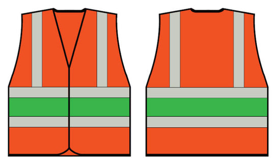 B-Seen orange hi-vis vest showing the detailed green checkered reflective tape.