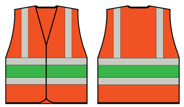 B-Seen orange hi-vis vest showing the detailed green checkered reflective tape.