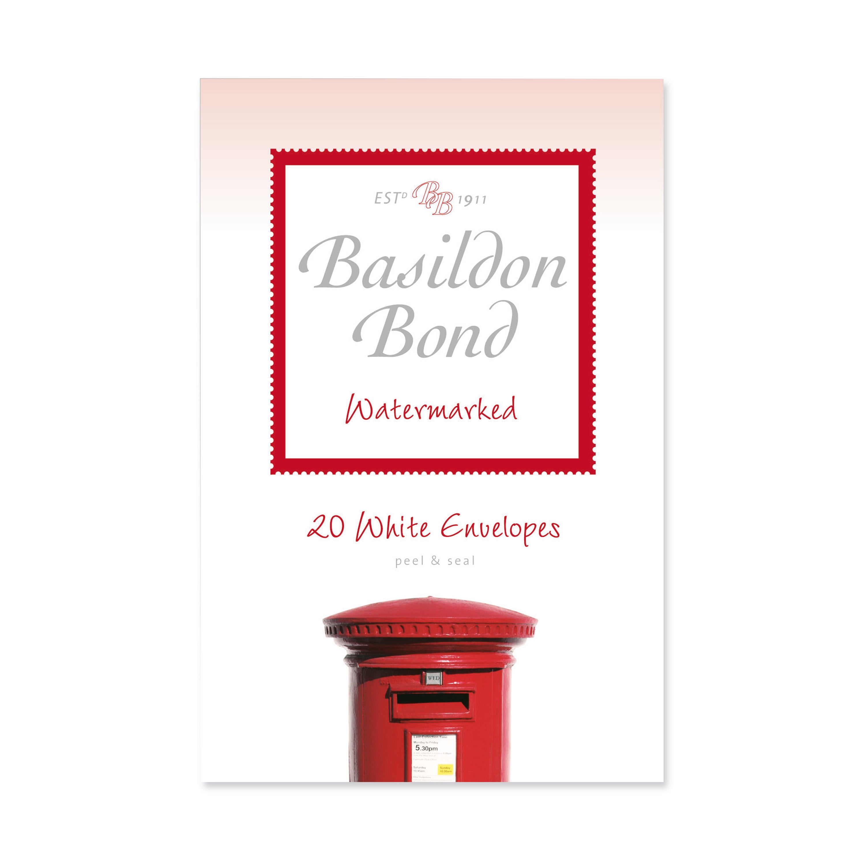 A box of 200 Basildon Bond premium envelopes in crisp white, with a classic wallet flap.