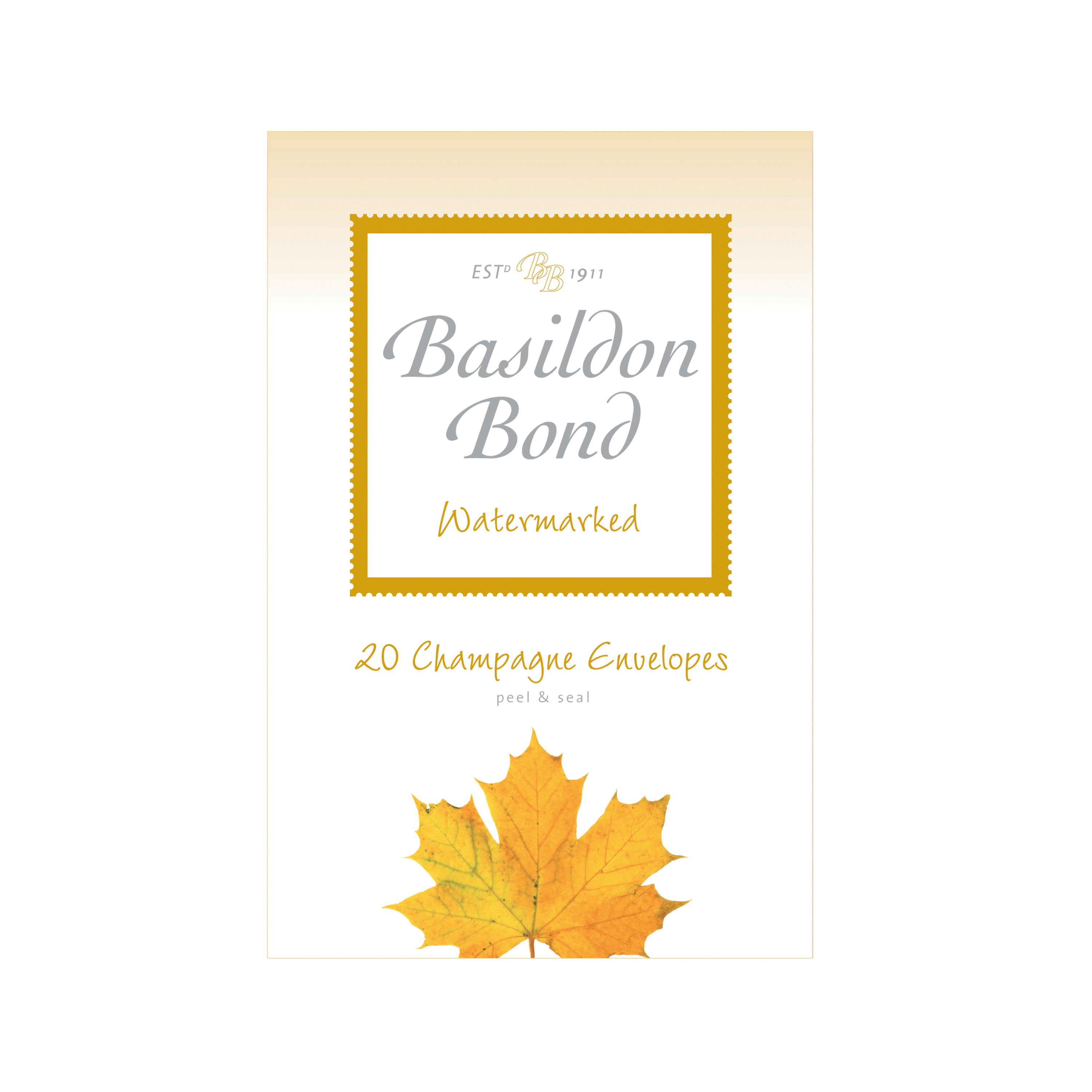 A box of 200 Basildon Bond premium envelopes in a classic champagne color with a wallet flap.