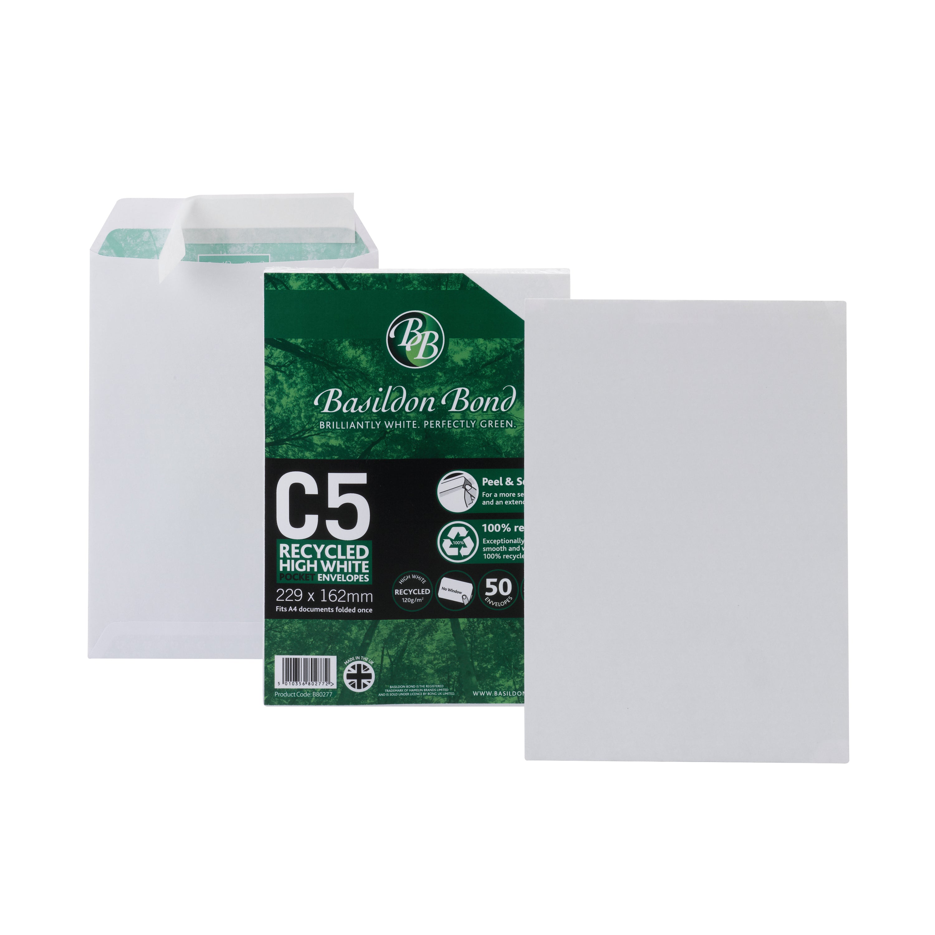 A stack of plain white Basildon Bond C5 pocket envelopes with their 50-pack packaging.