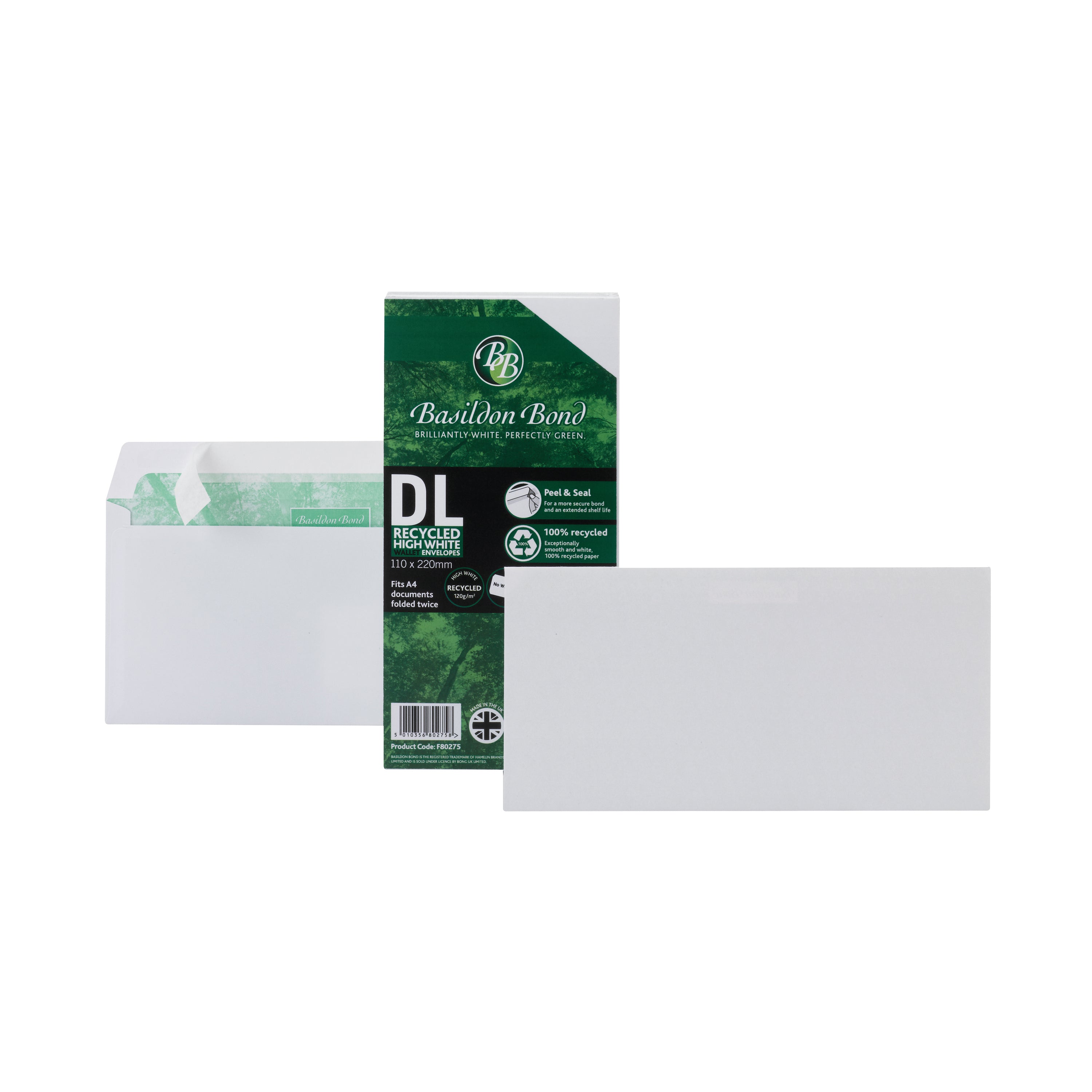 A premium 120gsm white Basildon Bond DL wallet envelope with a strong peel-and-seal flap.