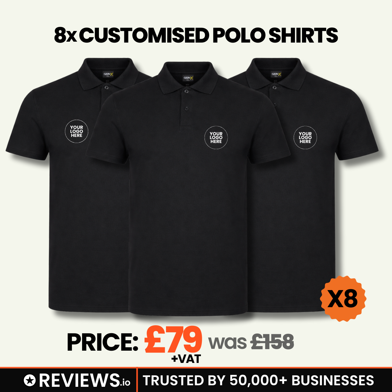 8x Personalised Embroidered Work Polo Shirts with Free Logo
