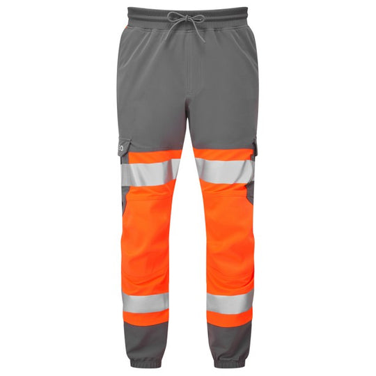 Front view of the Leo Workwear Hawkridge hi-vis jog trouser in orange and grey.