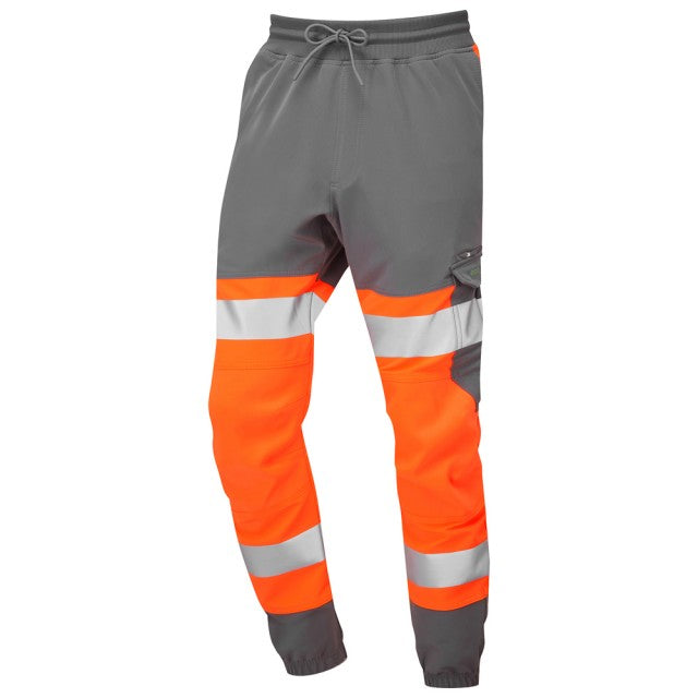 Angled view of the Leo Workwear Hawkridge orange/grey jog trouser, showing the drawstring waist and pocket design.