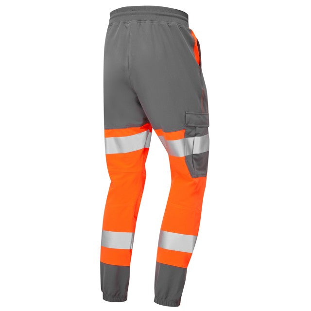 Rear view of the Leo Workwear Hawkridge orange and grey safety jog trouser, displaying the back pocket and reflective bands.