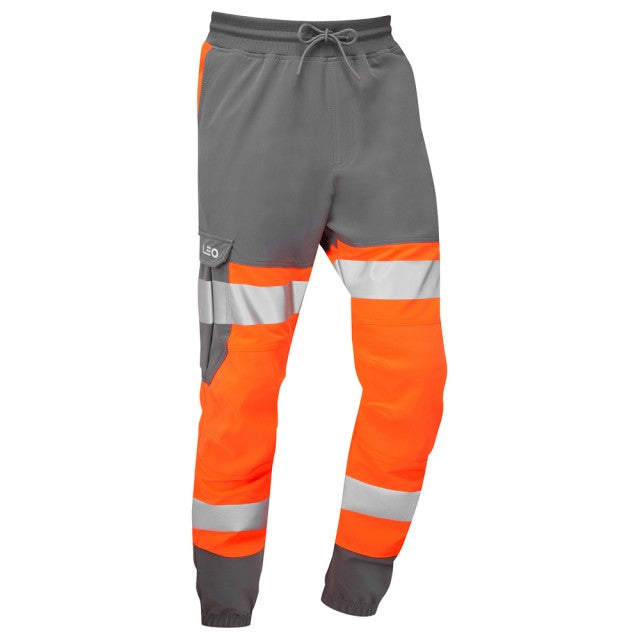Close-up detail of the fabric and reflective tape on the Leo Workwear Hawkridge hi-vis orange and grey jog trouser.
