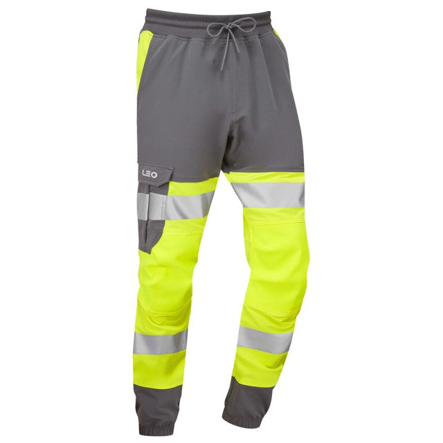 Close-up on the ankle cuff and reflective stripe of the Leo Workwear Hawkridge yellow and grey safety jog trouser.