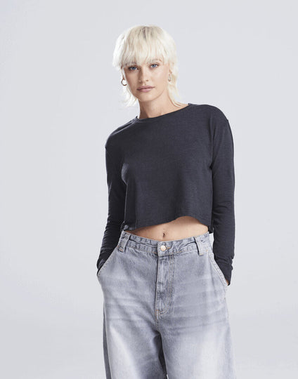 Just Tees Womens Long Sleeve Cropped T - JT016M