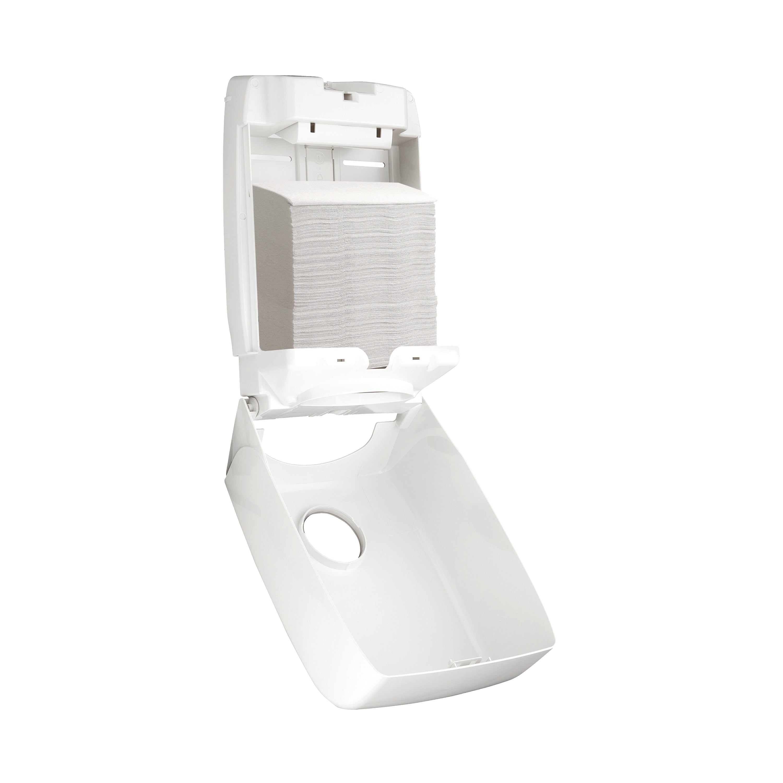 Sleek angled view of the white Aquarius hand towel dispenser for folded towels.