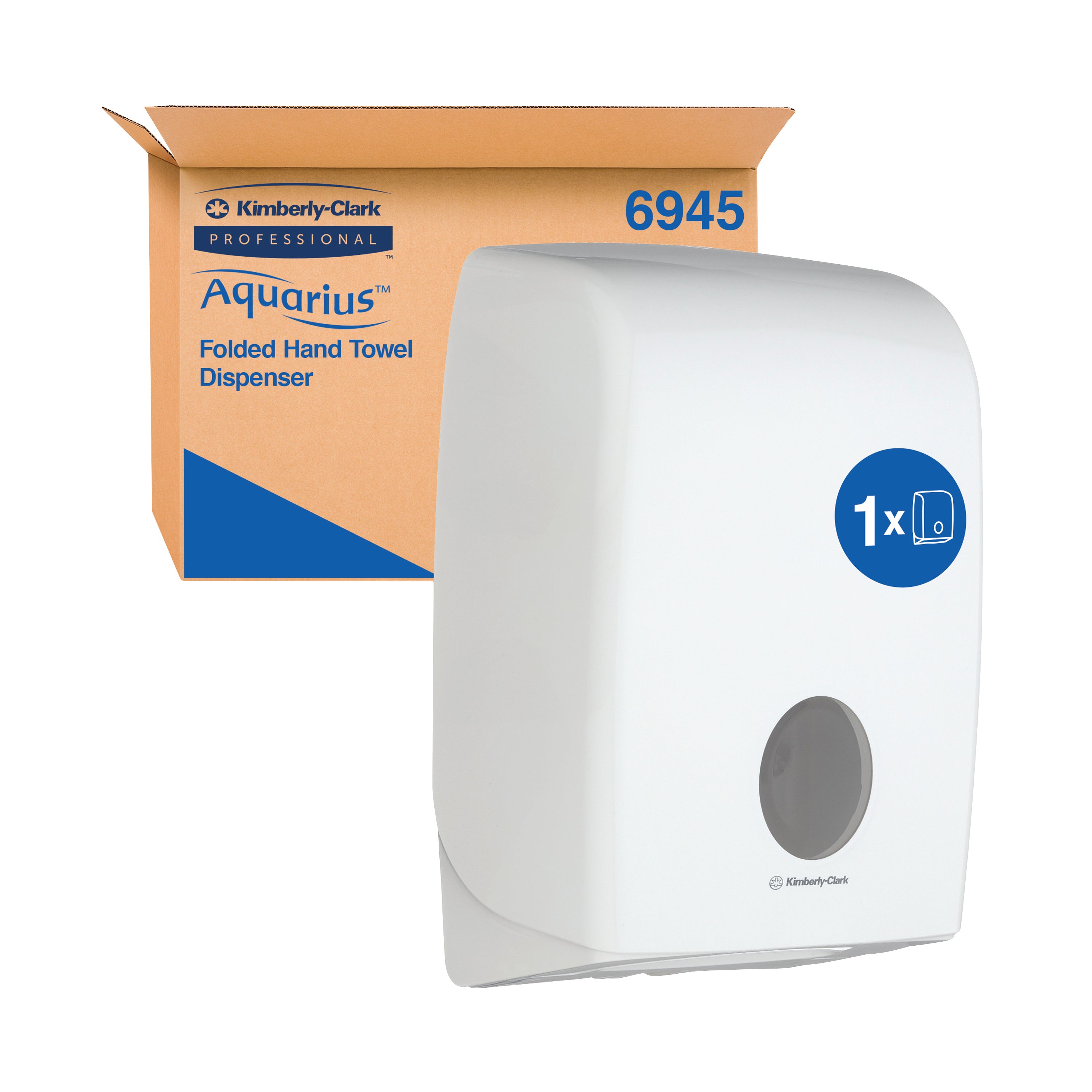 Close-up showing a paper towel being dispensed from the white Aquarius unit.