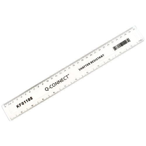 Q-connect Ruler Shatterproof 300mm Clear (inches On One Side And Cm/mm On The Other) Kf01108
