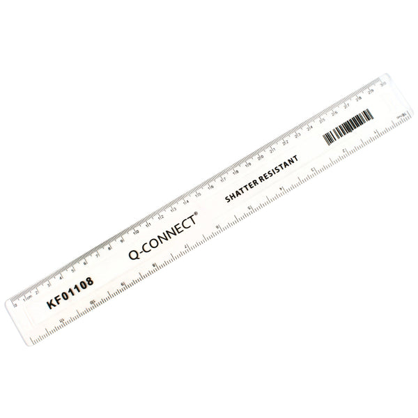 Q-connect Ruler Shatterproof 300mm Clear (inches On One Side And Cm/mm On The Other) Kf01108