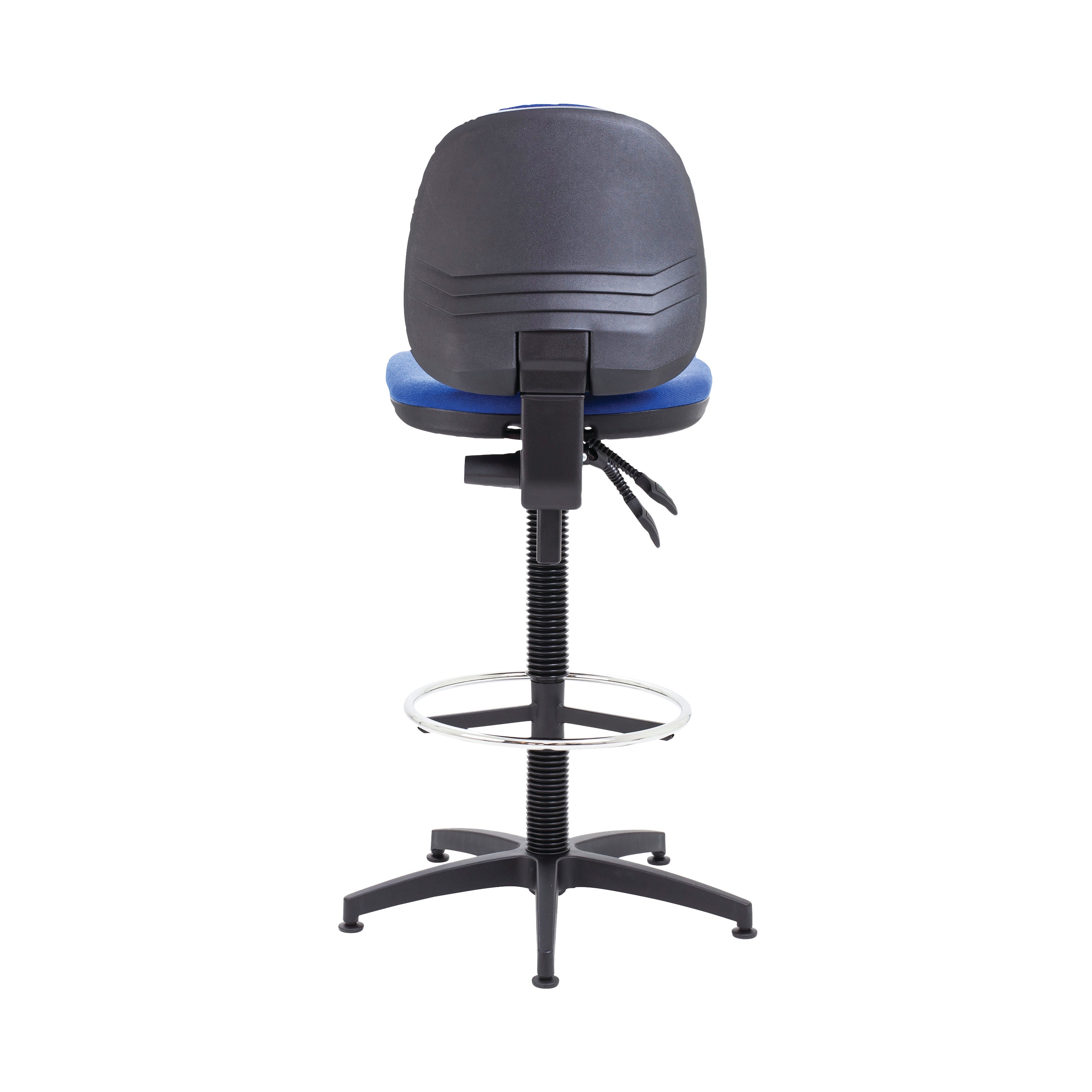 Durable blue fabric on the draughtsman chair's seat.