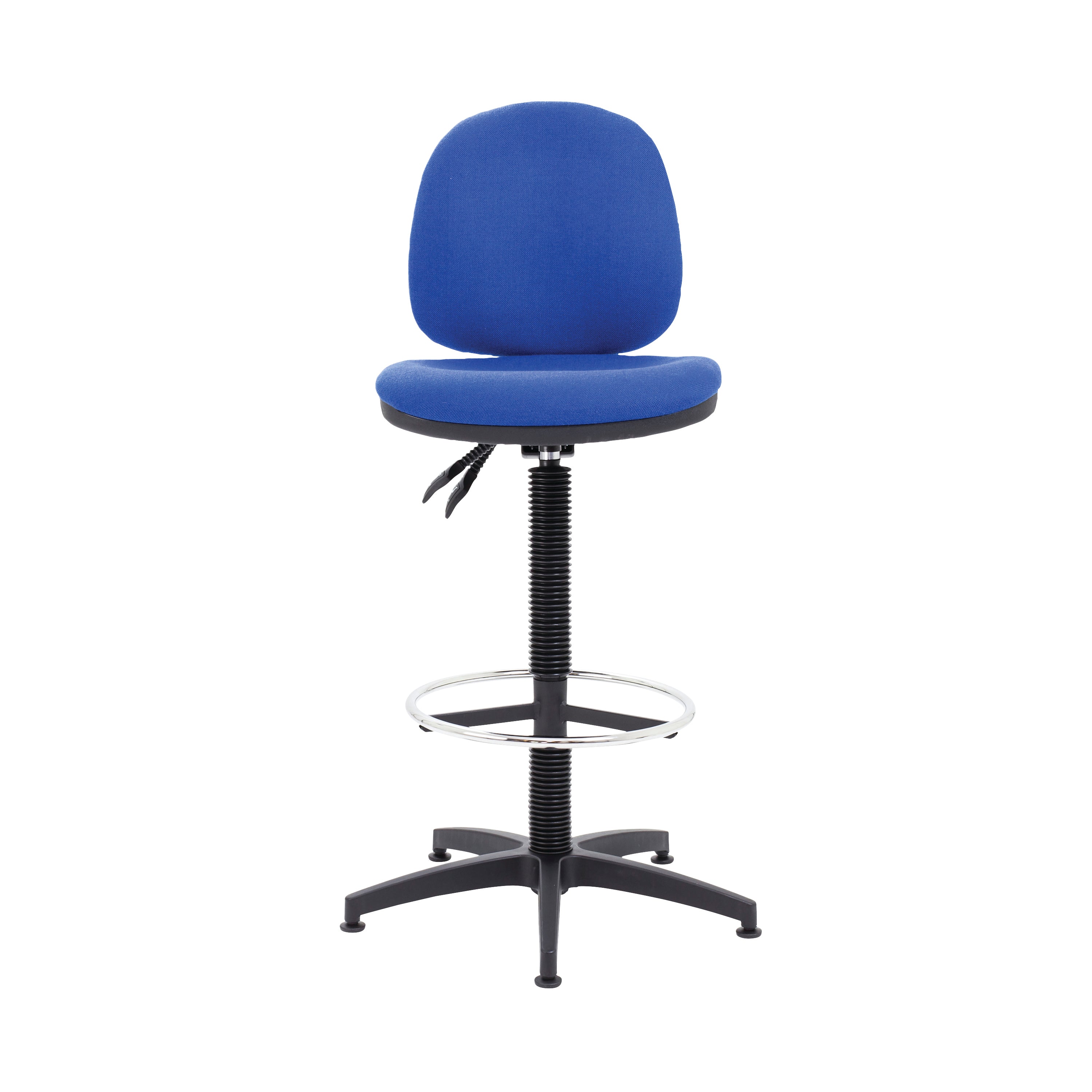 The five-star base and fixed footrest of the blue Arista draughtsman chair.