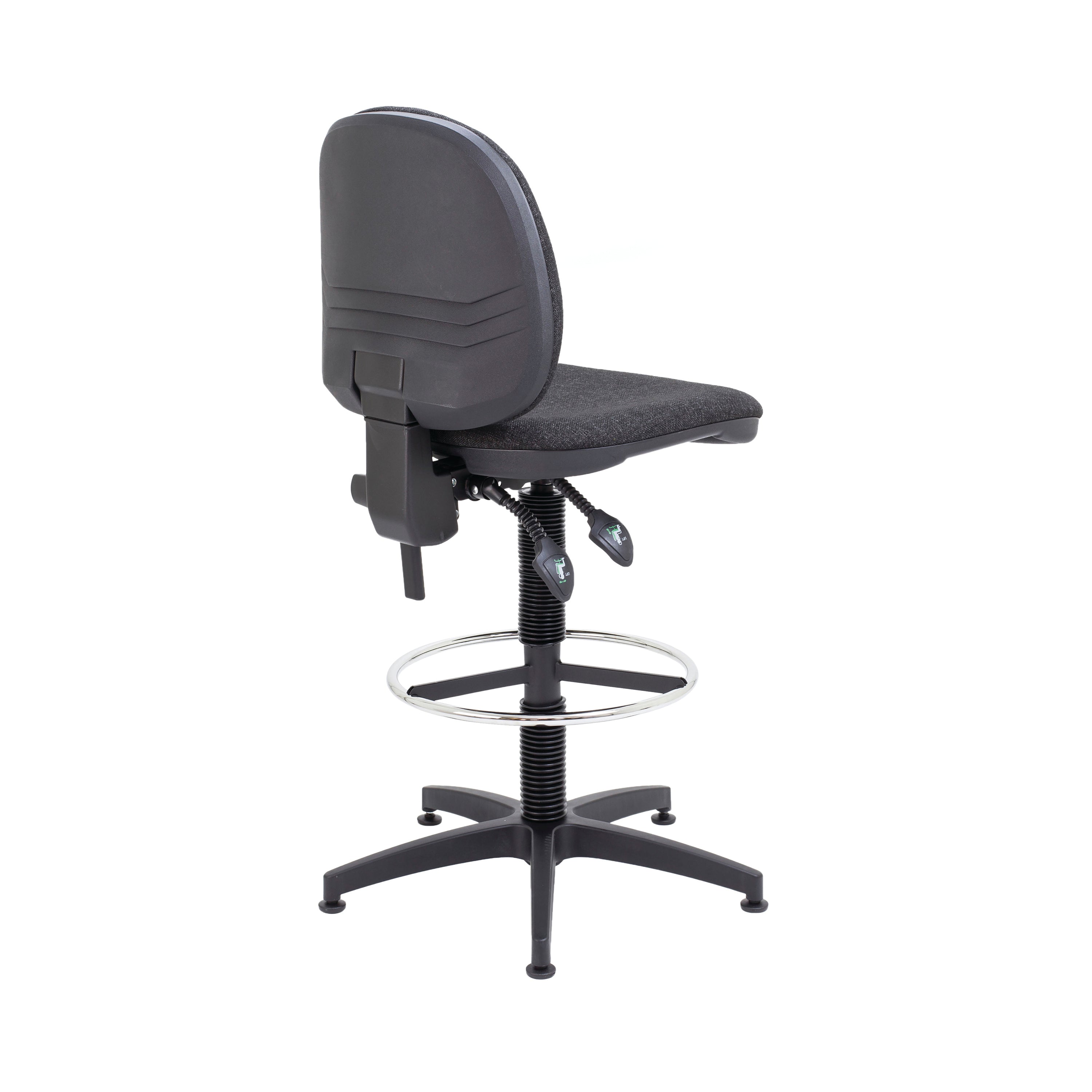 charcoal Arista draughtsman chair on its stable five-star base.